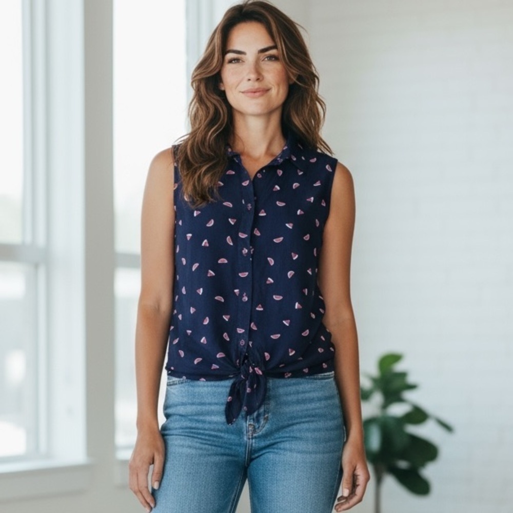 Navy Sleeveless Button-Down Tie Front Top – Watermelon Print